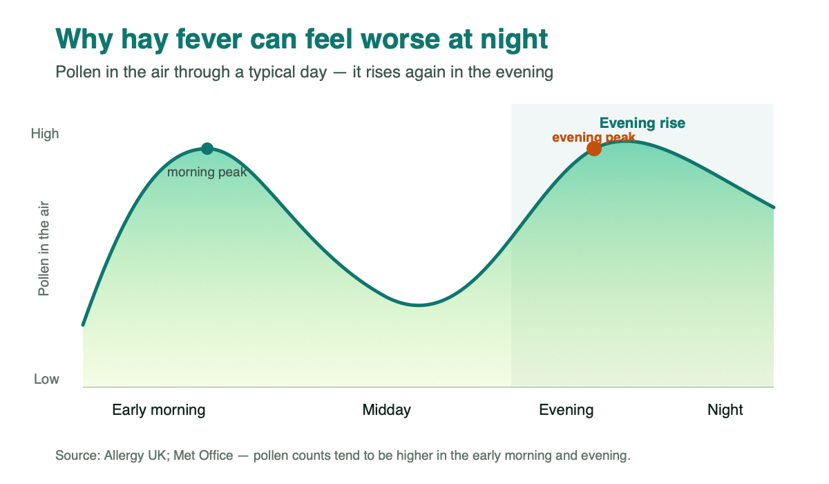 A chart showing pollen in the air through the day, with a morning peak, a midday dip and a second rise in the evening.